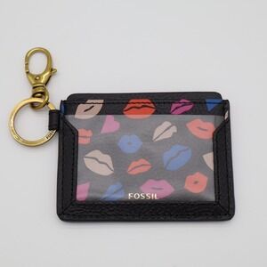 Fossil Lee Women's Card Case Black Leather Lips ID Window Wallet with Keychain